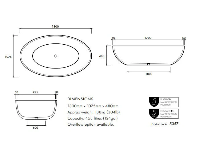 Apaiser Haven 1800mm Freestanding Bath - Image 3