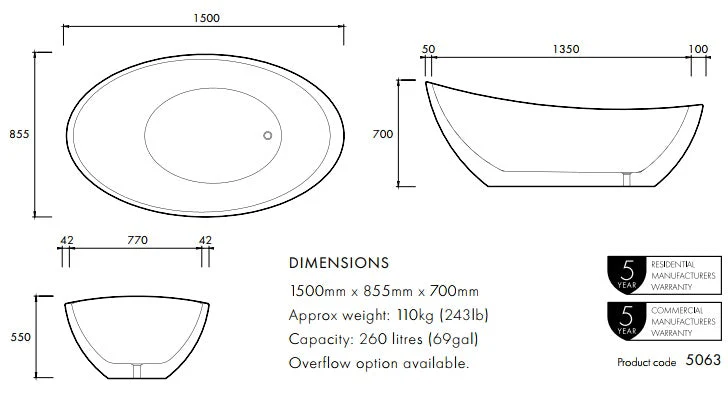 Apaiser Oman 1760mm Freestanding Bath - Image 3