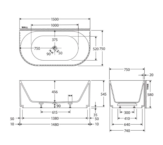 Fienza Eleanor 1500 Fluted Back To Wall Bath - Image 4
