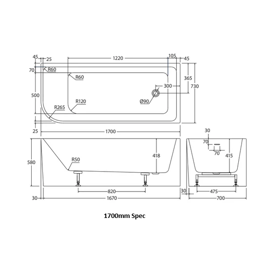 Fienza Hustle Left Hand Curve Acrylic Corner Bath - Image 5