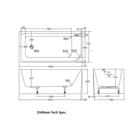 Fienza Hustle Right Hand Curve Acrylic Corner Bath - Image 3