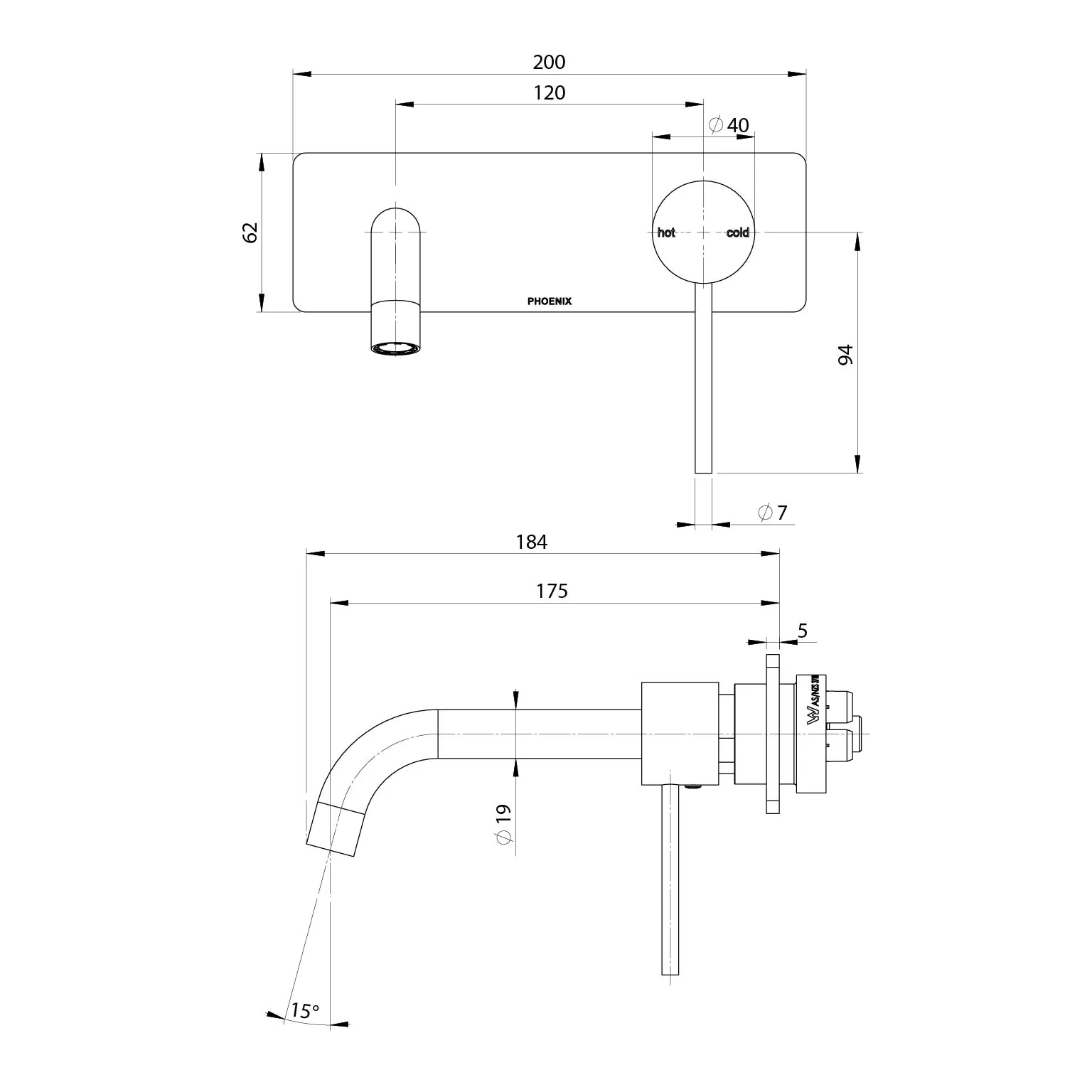 Phoenix Vivid Slimline Wall Mixer Set 180mm - Image 7