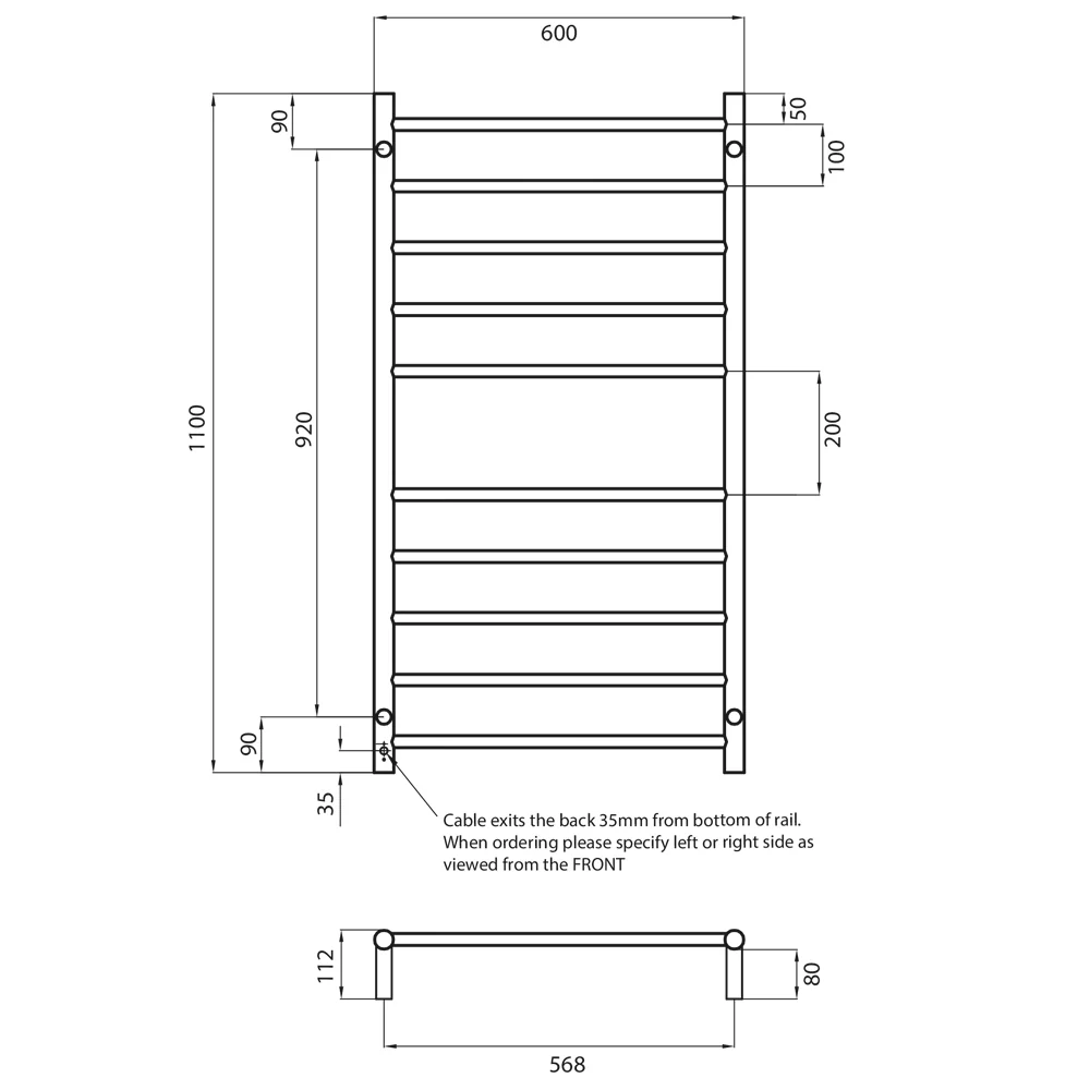 Radiant Heated Round Ladder 600 x 1100mm Brushed Nickel BN-RTR02 - Image 2