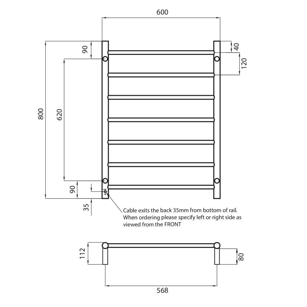 Radiant Heated Towel Rail Polished Stainless Steel Round Bar RTR01 - Image 3