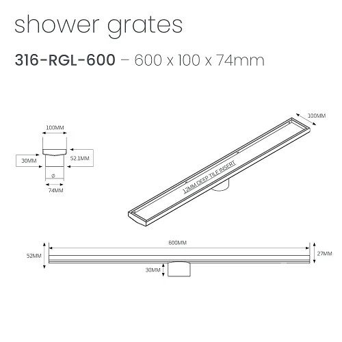 Radiant Linear Tile Insert Floor Grate 600mm x 100mm 74mm Outlet - Image 2
