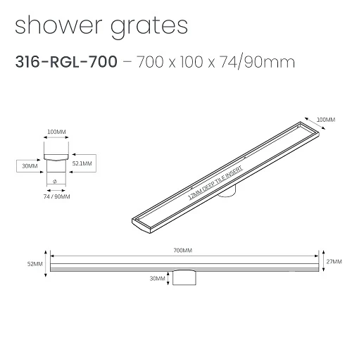 Radiant Linear Tile Insert Floor Grate 700mm x 100mm - Image 2