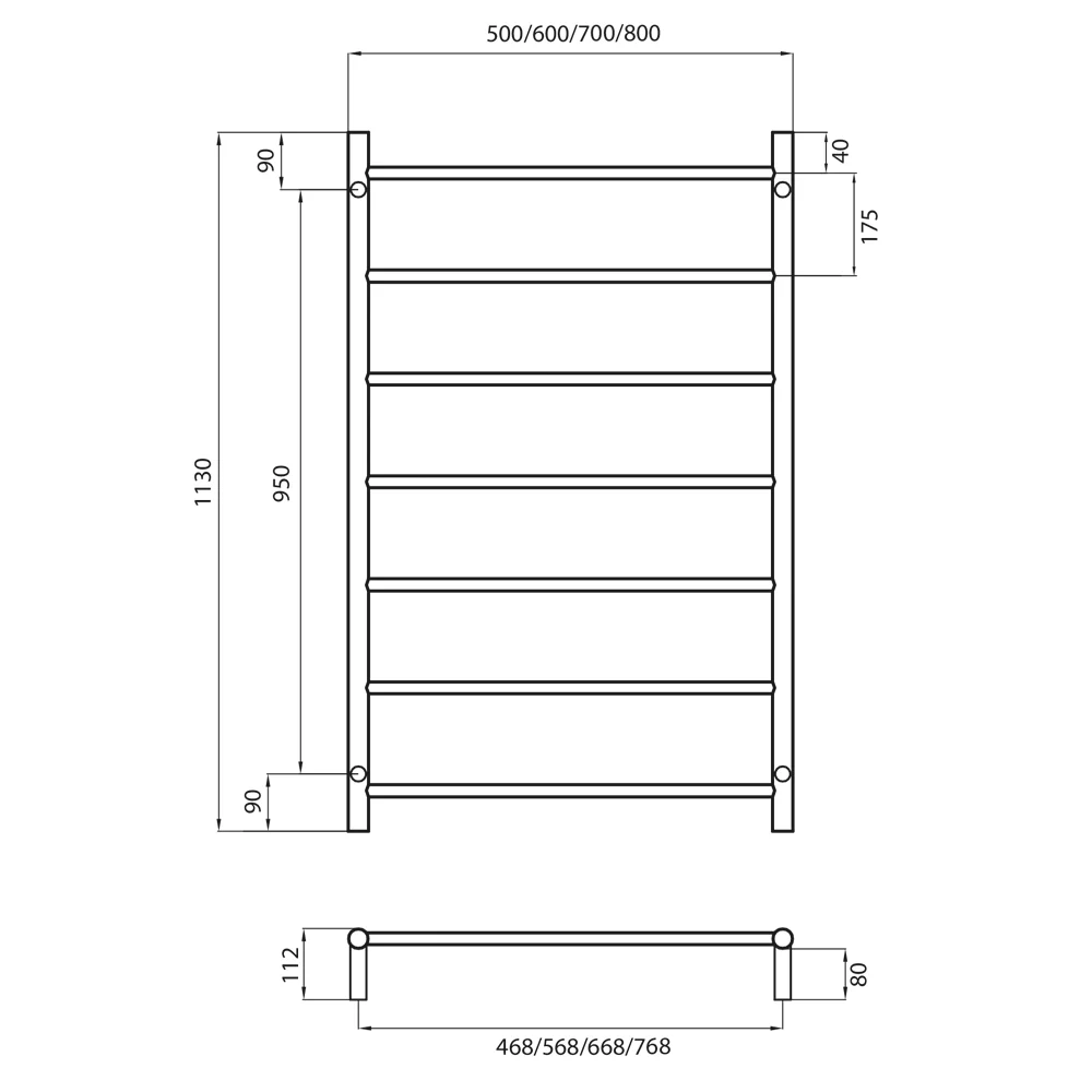 Radiant Non-Heated Round Ladder 700 x 1130mm Matt Black - Image 2