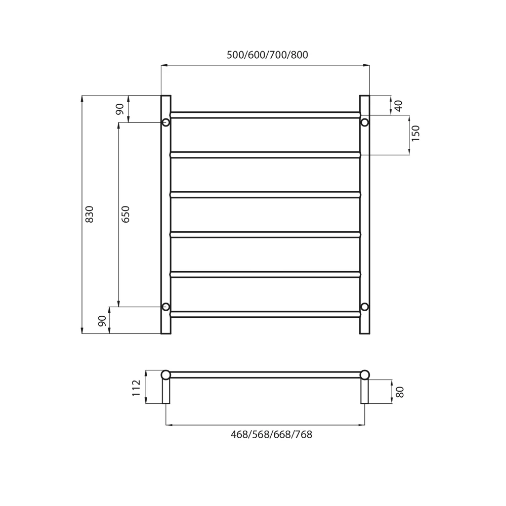 Radiant Non-Heated Round Ladder 700 x 830mm Matt Black - Image 2